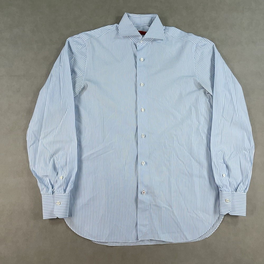 ISAIA Napoli 100% Cotton Striped Button Down Dress Shirt Italy Mens 15.5-39 READ
